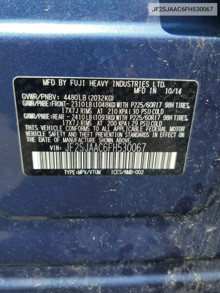 2015 Subaru Forester 2.5I VIN: JF2SJAAC6FH530067 Lot: 62710995