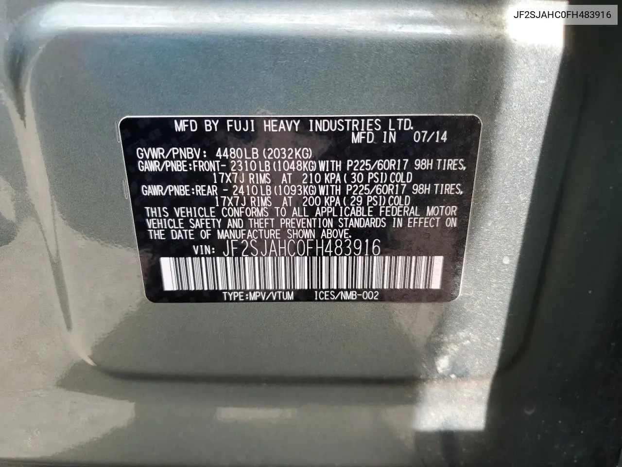 2015 Subaru Forester 2.5I Limited VIN: JF2SJAHC0FH483916 Lot: 64867735