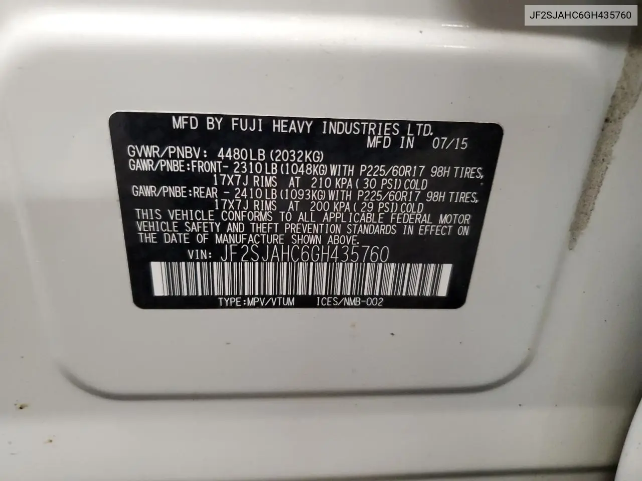 2016 Subaru Forester 2.5I Limited VIN: JF2SJAHC6GH435760 Lot: 66052265
