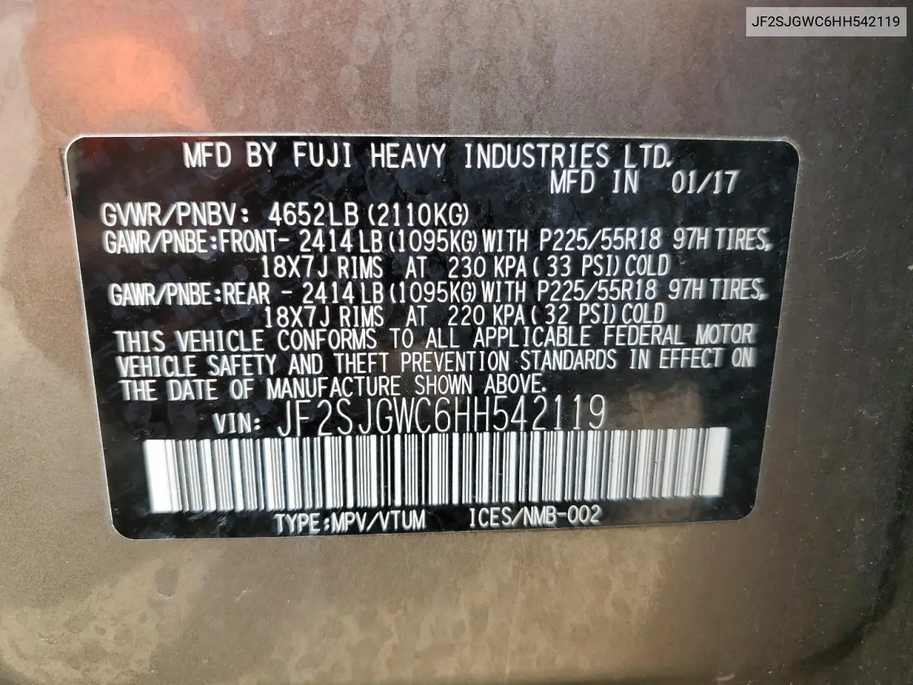2017 Subaru Forester 2.0Xt Touring VIN: JF2SJGWC6HH542119 Lot: 59473655