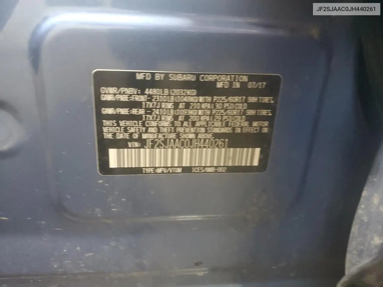 2018 Subaru Forester 2.5I VIN: JF2SJAAC0JH440261 Lot: 66152895
