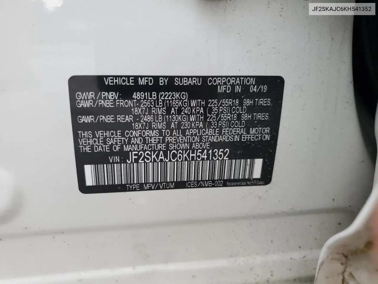2019 Subaru Forester Sport VIN: JF2SKAJC6KH541352 Lot: 63454975