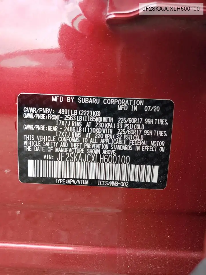 2020 Subaru Forester Premium VIN: JF2SKAJCXLH600100 Lot: 61617955