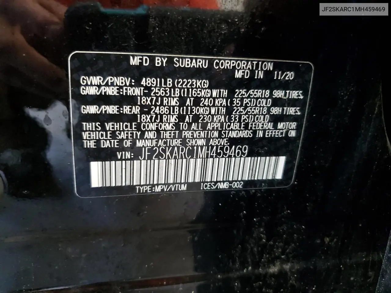 2021 Subaru Forester Sport VIN: JF2SKARC1MH459469 Lot: 62726385