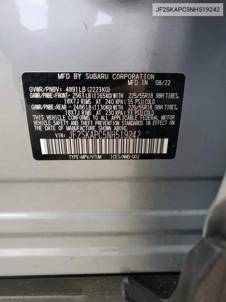 2022 Subaru Forester Limited VIN: JF2SKAPC5NH519242 Lot: 56510145