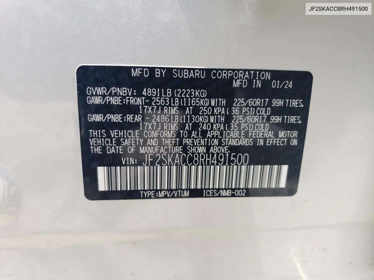 2024 Subaru Forester Premium VIN: JF2SKACC8RH491500 Lot: 62321395