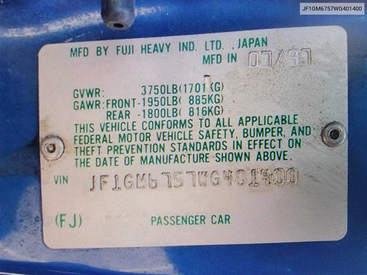 1998 Subaru Impreza Rs VIN: JF1GM6757WG401400 Lot: 56074165