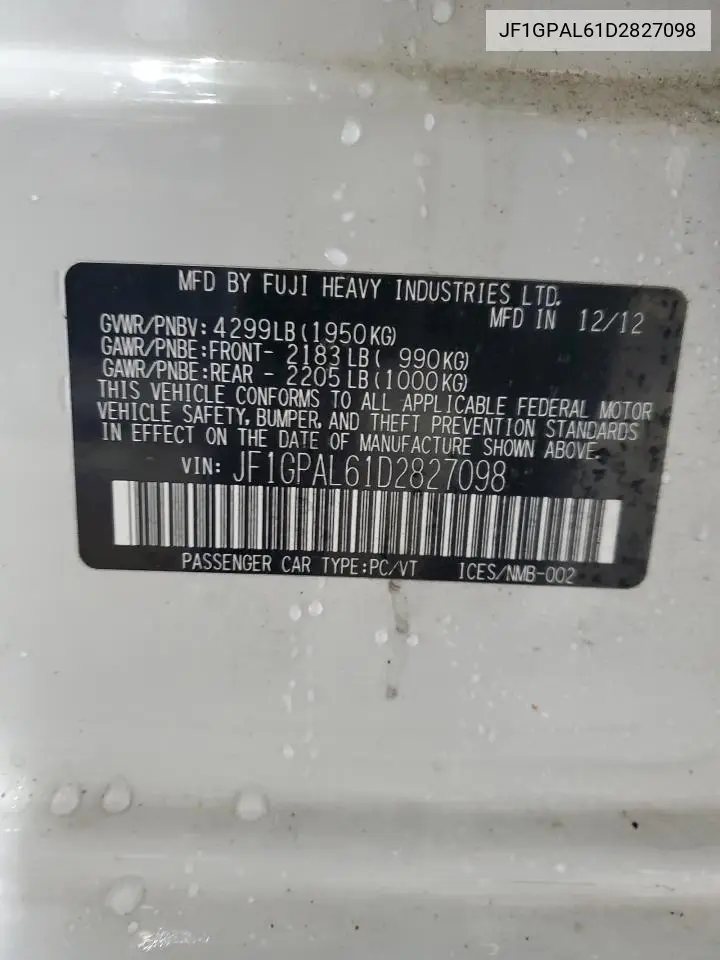 2013 Subaru Impreza Sport Premium VIN: JF1GPAL61D2827098 Lot: 62030425