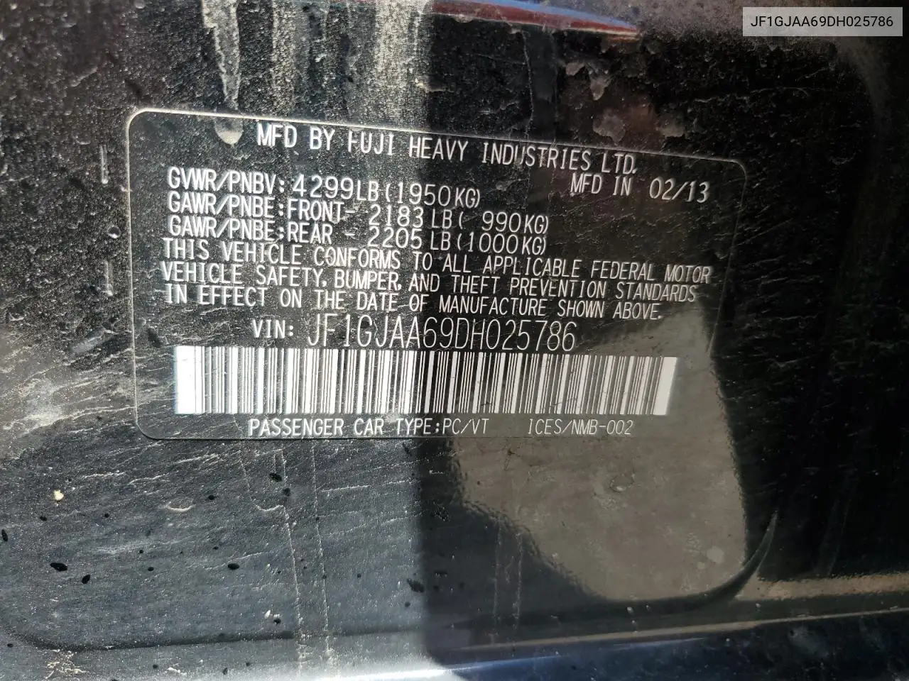 2013 Subaru Impreza VIN: JF1GJAA69DH025786 Lot: 62903165