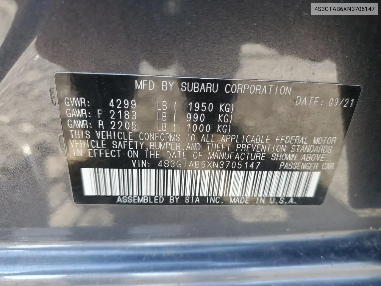 2022 Subaru Impreza VIN: 4S3GTAB6XN3705147 Lot: 56573885