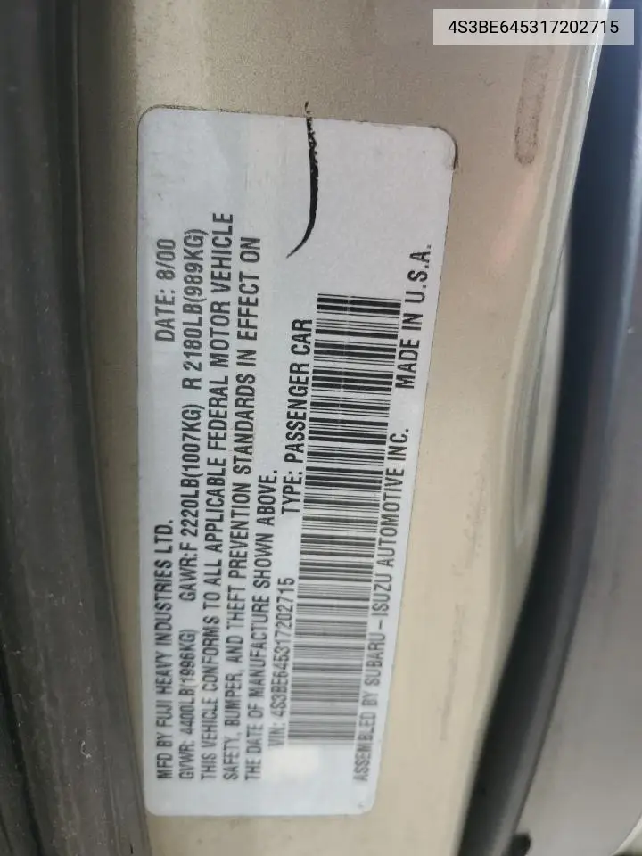 2001 Subaru Legacy Gt VIN: 4S3BE645317202715 Lot: 62596845