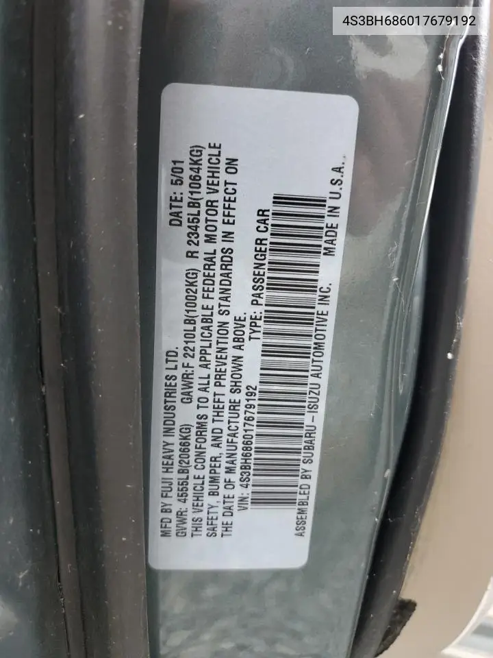 2001 Subaru Legacy Outback Limited VIN: 4S3BH686017679192 Lot: 77005164