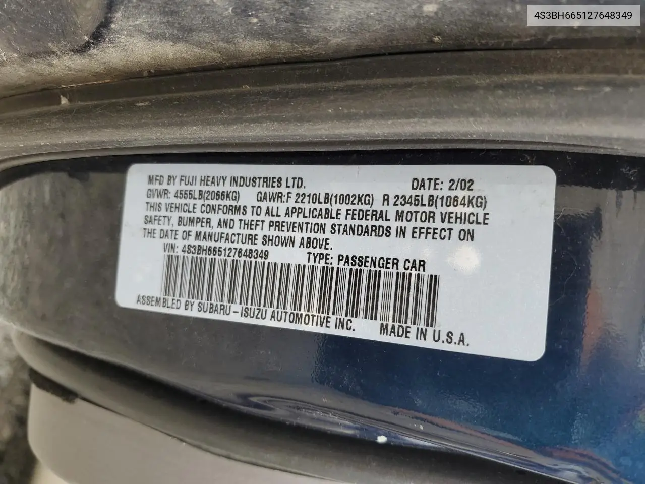 2002 Subaru Legacy Outback VIN: 4S3BH665127648349 Lot: 62373195