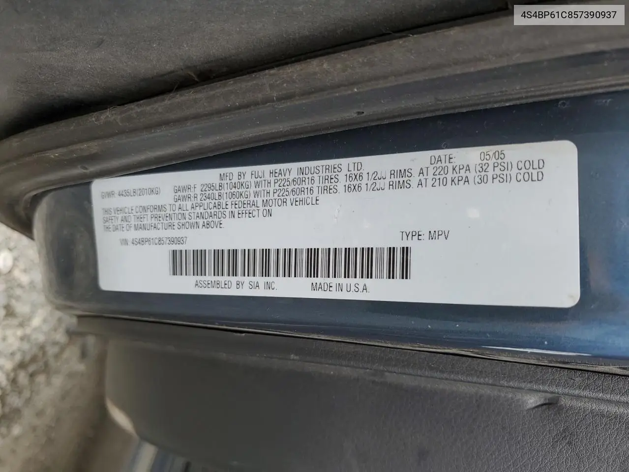 2005 Subaru Legacy Outback 2.5I VIN: 4S4BP61C857390937 Lot: 62411335