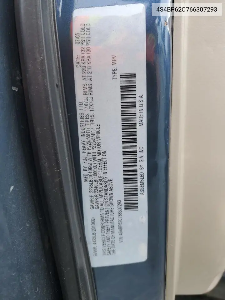 2006 Subaru Legacy Outback 2.5I Limited VIN: 4S4BP62C766307293 Lot: 61646375