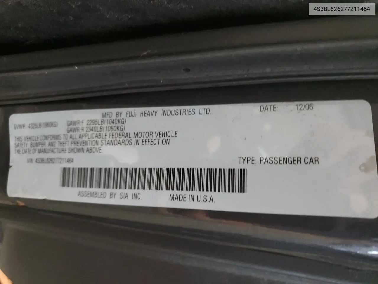 2007 Subaru Legacy 2.5I Limited VIN: 4S3BL626277211464 Lot: 65389245