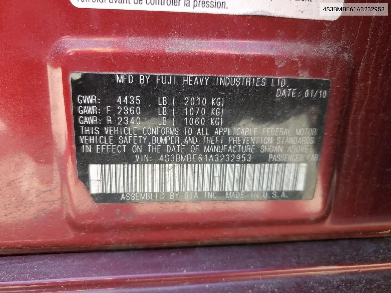 2010 Subaru Legacy 2.5I Premium VIN: 4S3BMBE61A3232953 Lot: 56013355