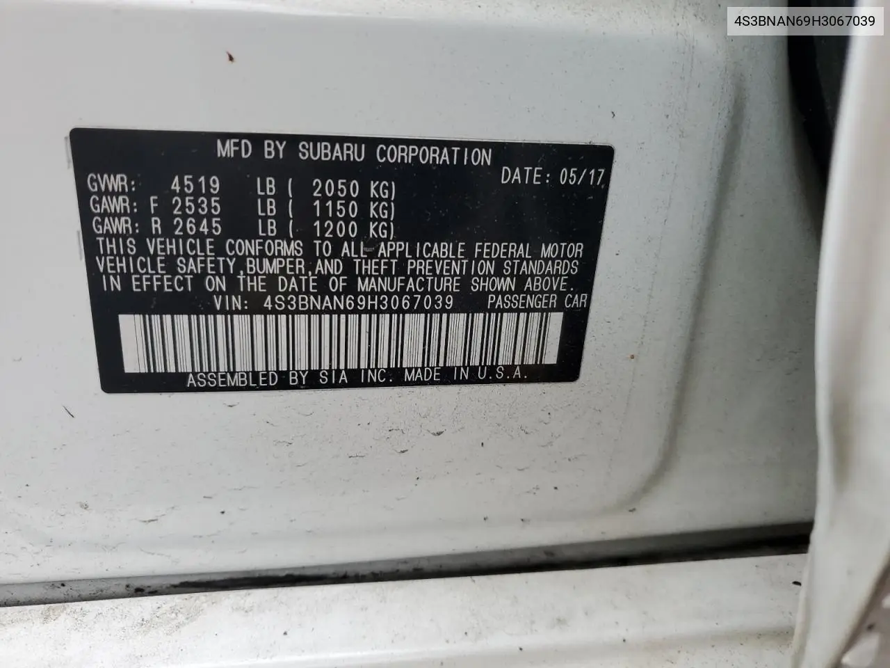 2017 Subaru Legacy 2.5I Limited VIN: 4S3BNAN69H3067039 Lot: 55984035