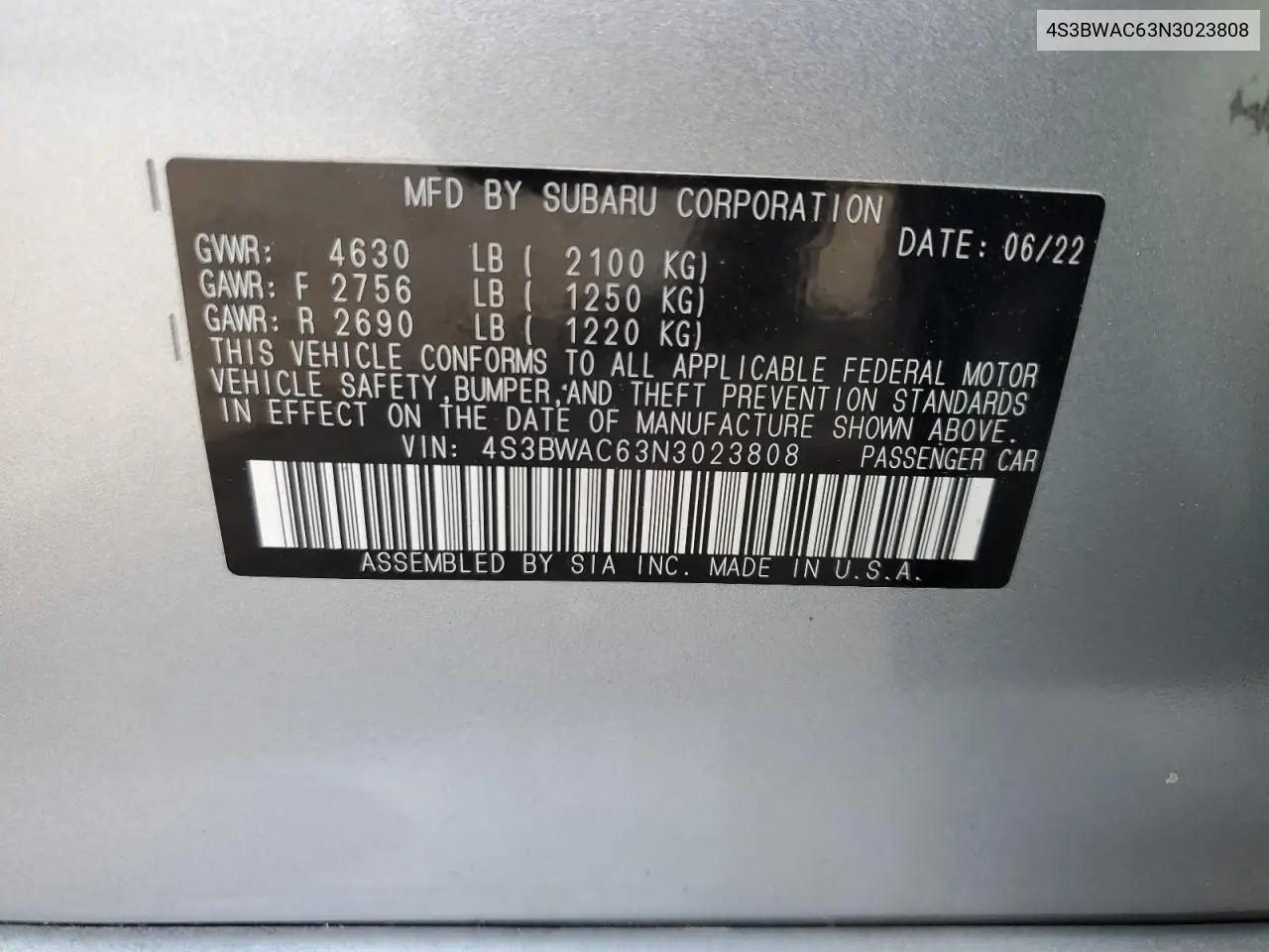 2022 Subaru Legacy Premium VIN: 4S3BWAC63N3023808 Lot: 54116695