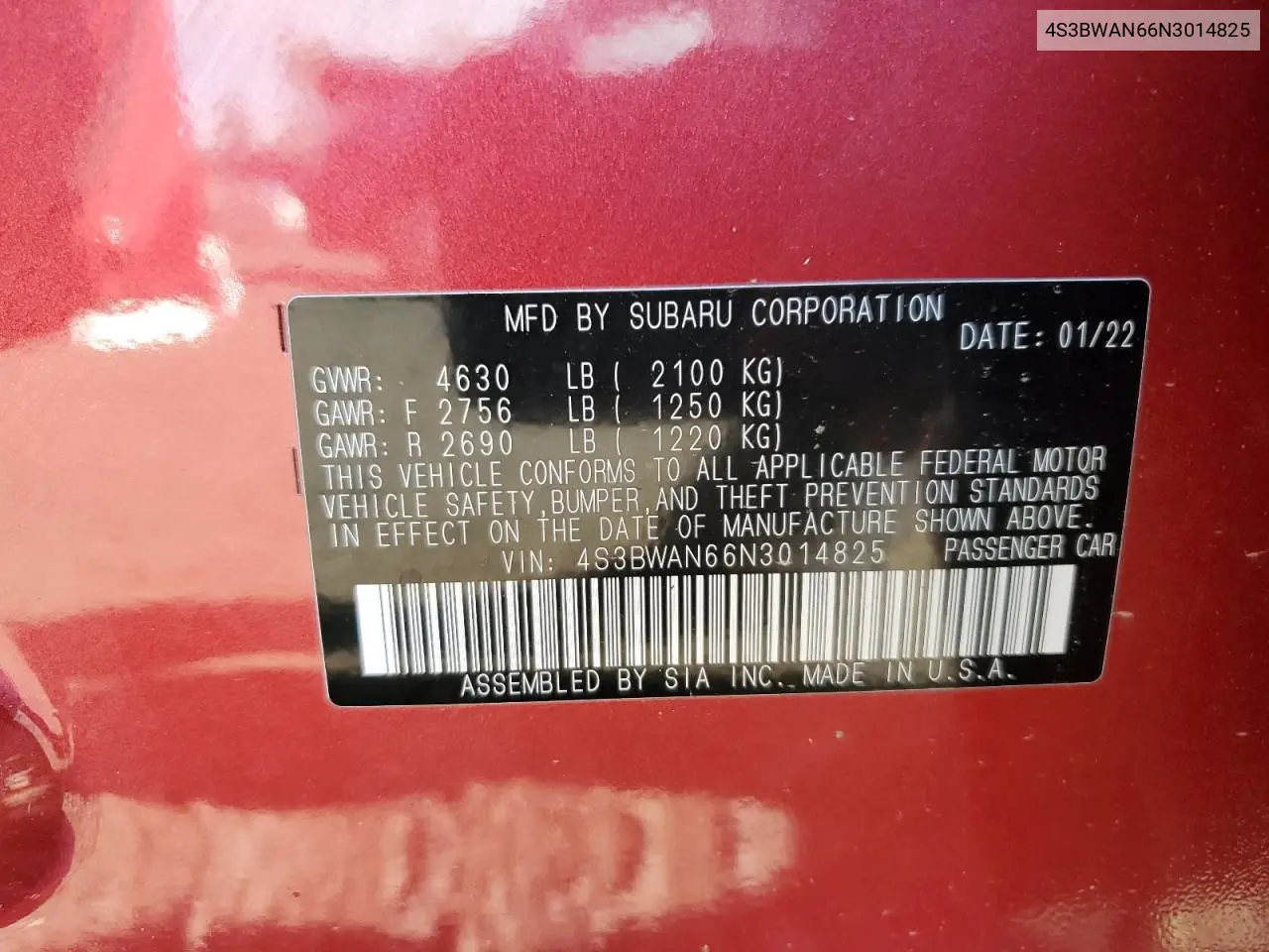 2022 Subaru Legacy Limited VIN: 4S3BWAN66N3014825 Lot: 55915565