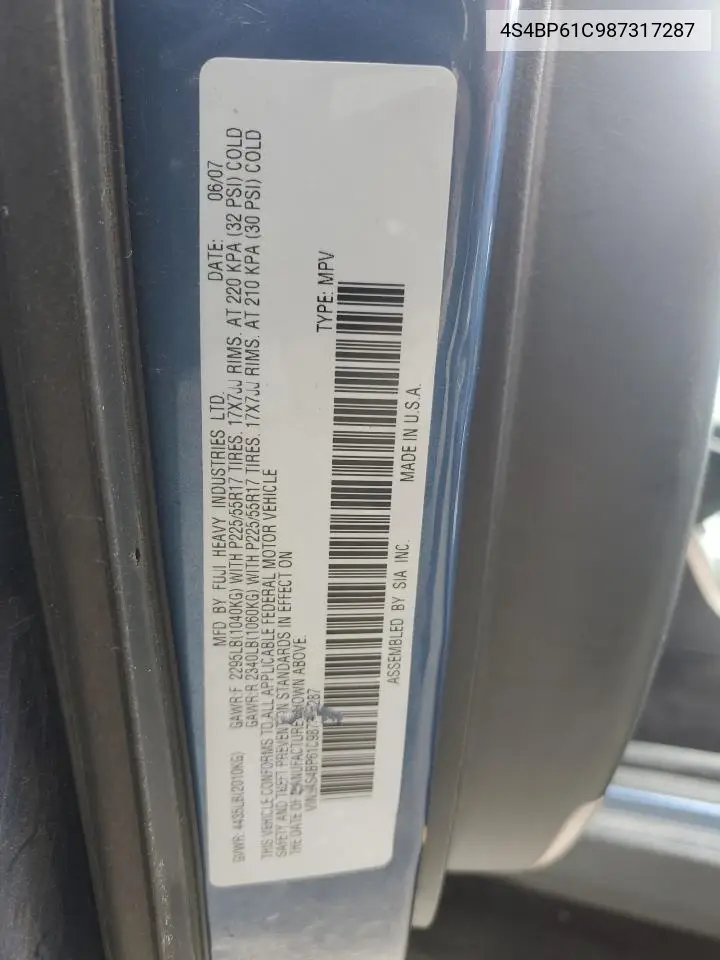 2008 Subaru Outback 2.5I VIN: 4S4BP61C987317287 Lot: 62894365