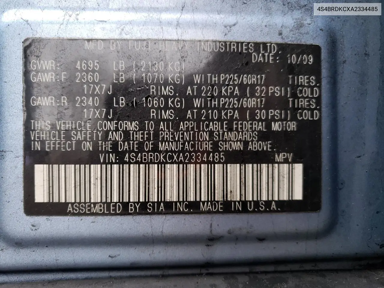 2010 Subaru Outback 3.6R Limited VIN: 4S4BRDKCXA2334485 Lot: 54841675