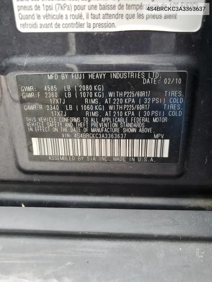 2010 Subaru Outback 2.5I Limited VIN: 4S4BRCKC3A3363637 Lot: 56959085