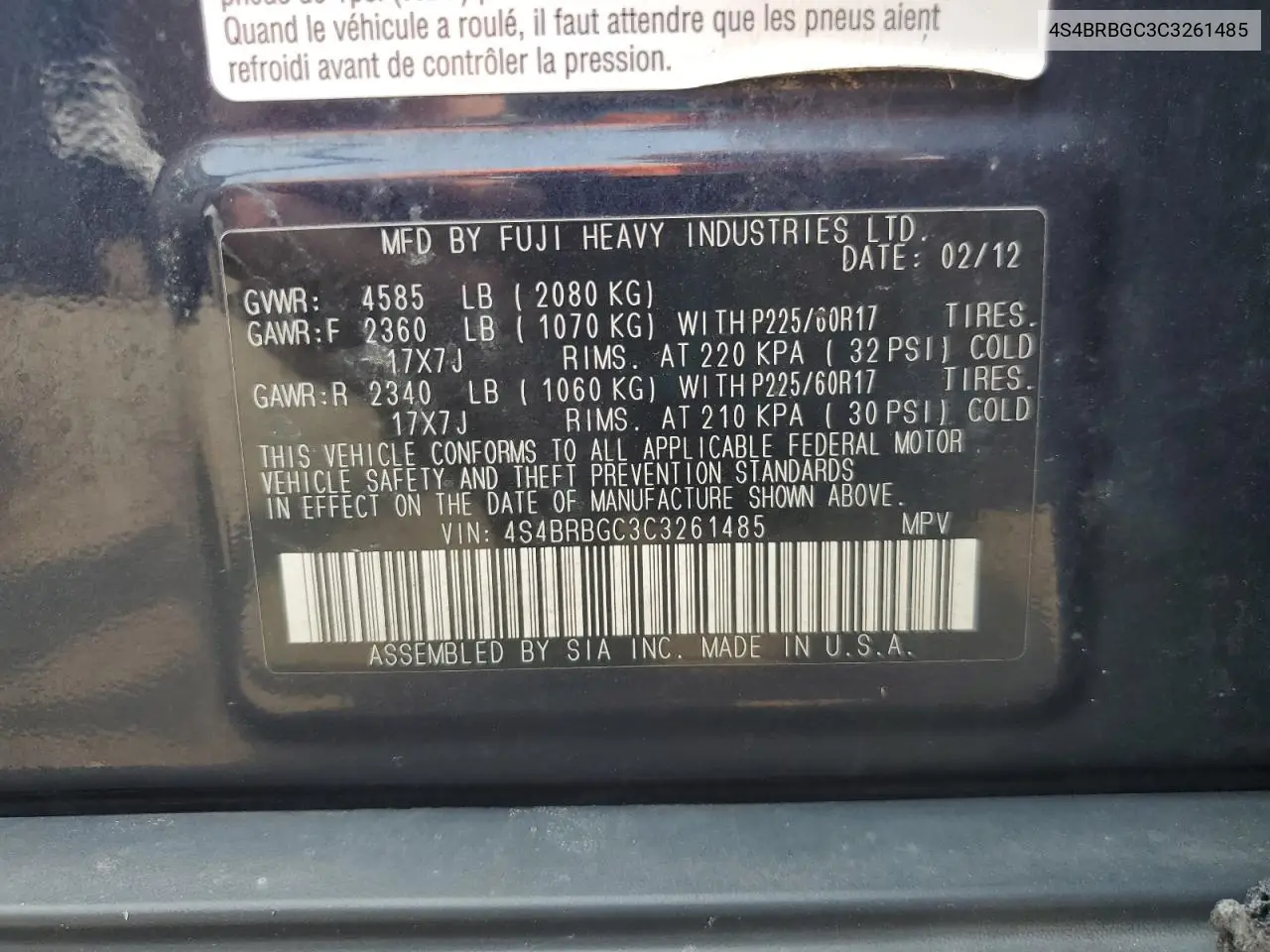 2012 Subaru Outback 2.5I Premium VIN: 4S4BRBGC3C3261485 Lot: 60548335