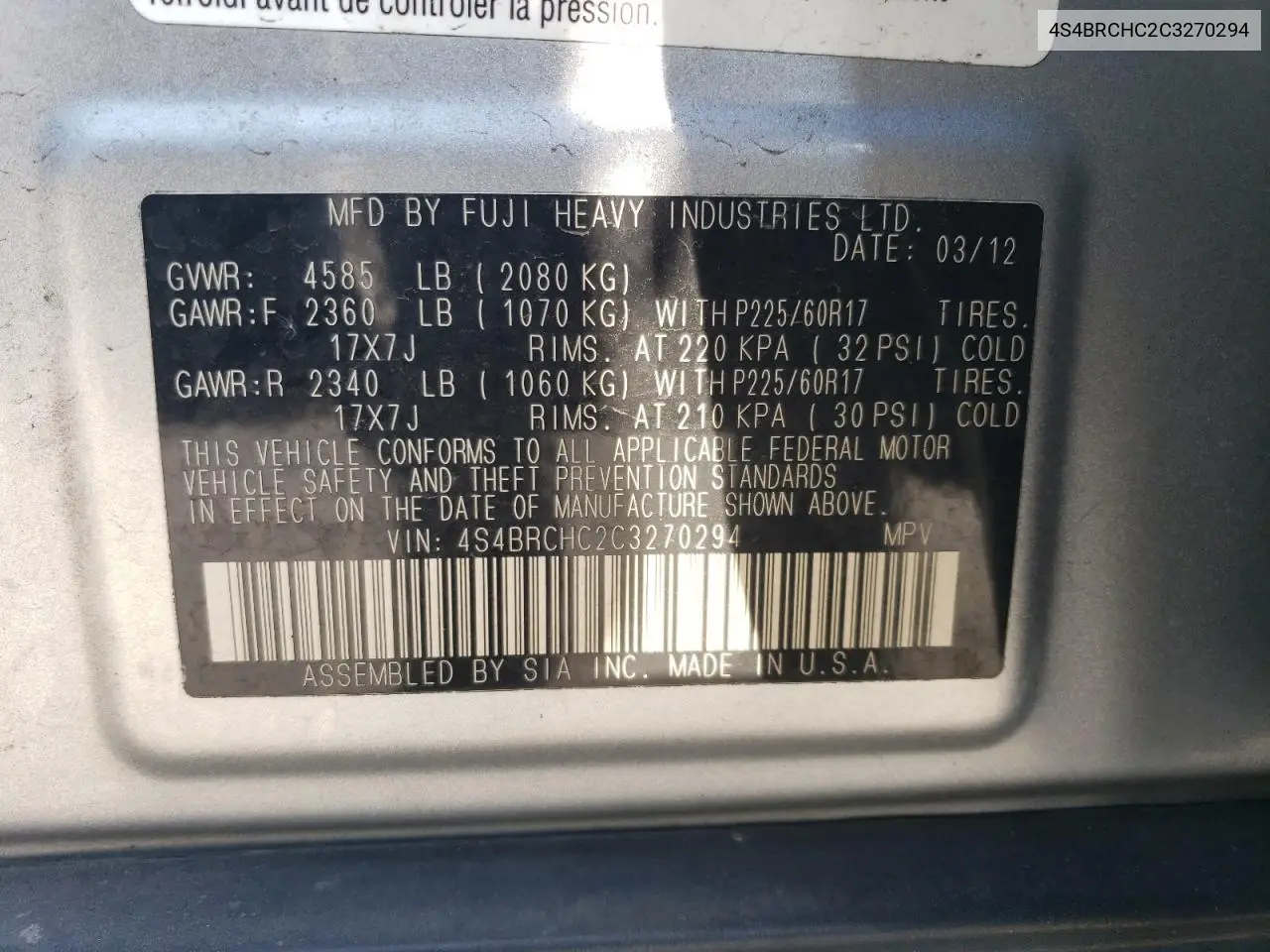 2012 Subaru Outback 2.5I Premium VIN: 4S4BRCHC2C3270294 Lot: 62530845