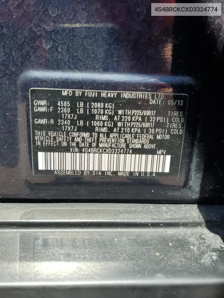 2013 Subaru Outback 2.5I Limited VIN: 4S4BRCKCXD3324774 Lot: 61650405
