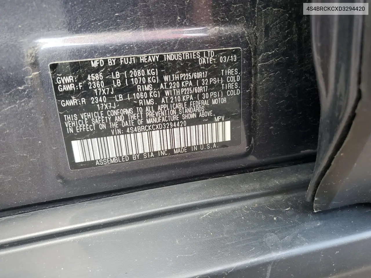 2013 Subaru Outback 2.5I Limited VIN: 4S4BRCKCXD3294420 Lot: 62084535