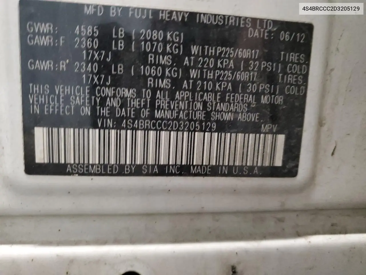 4S4BRCCC2D3205129 2013 Subaru Outback 2.5I Premium