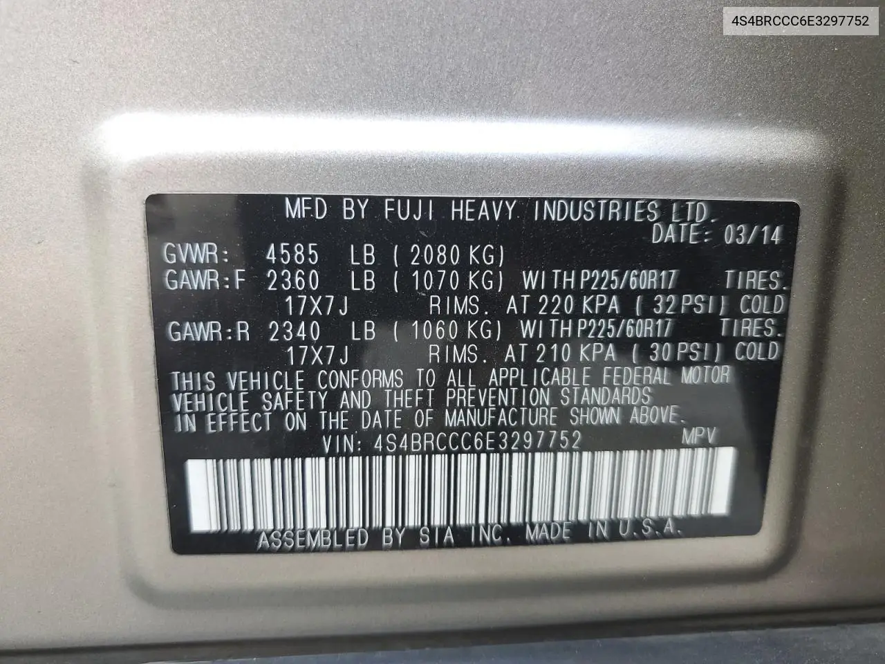2014 Subaru Outback 2.5I Premium VIN: 4S4BRCCC6E3297752 Lot: 56890305