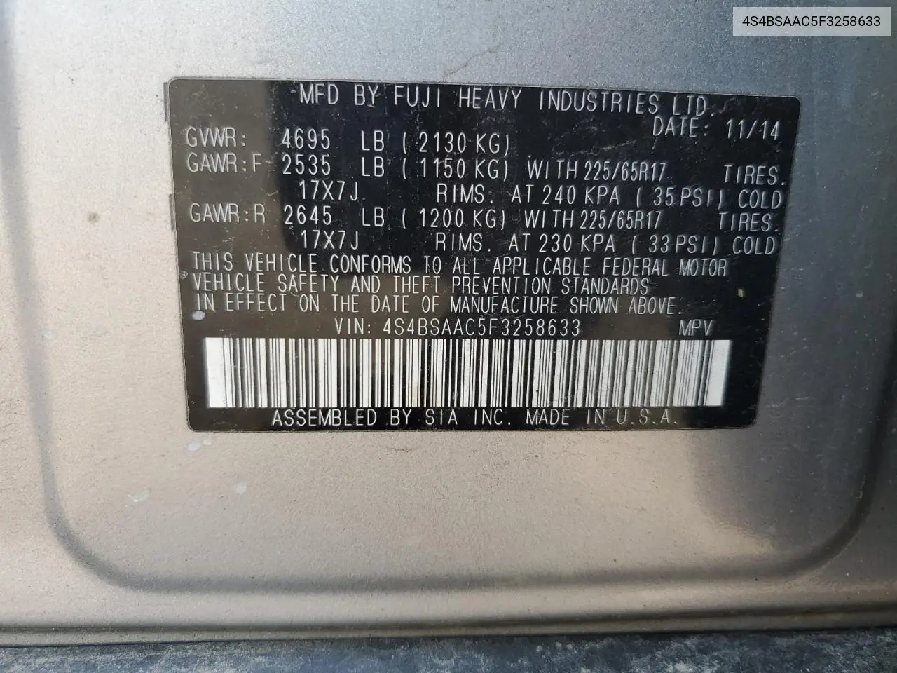 2015 Subaru Outback 2.5I VIN: 4S4BSAAC5F3258633 Lot: 61787955