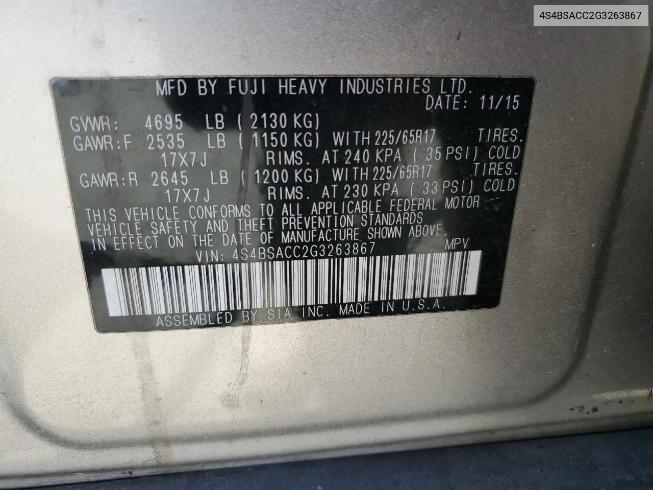 2016 Subaru Outback 2.5I Premium VIN: 4S4BSACC2G3263867 Lot: 56966185