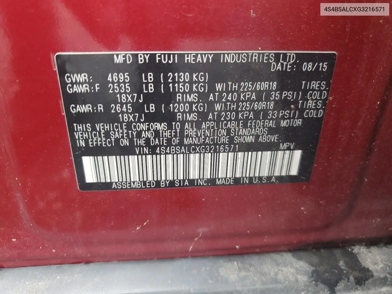 2016 Subaru Outback 2.5I Limited VIN: 4S4BSALCXG3216571 Lot: 62816435