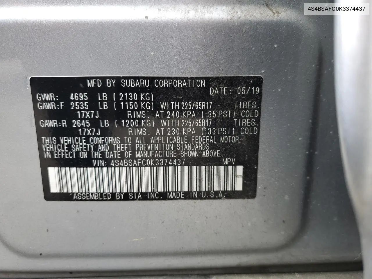 2019 Subaru Outback 2.5I Premium VIN: 4S4BSAFC0K3374437 Lot: 56987415