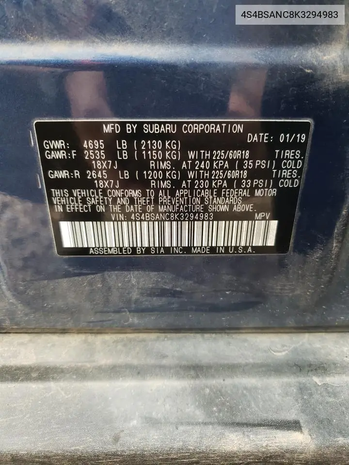 2019 Subaru Outback 2.5I Limited VIN: 4S4BSANC8K3294983 Lot: 62179105