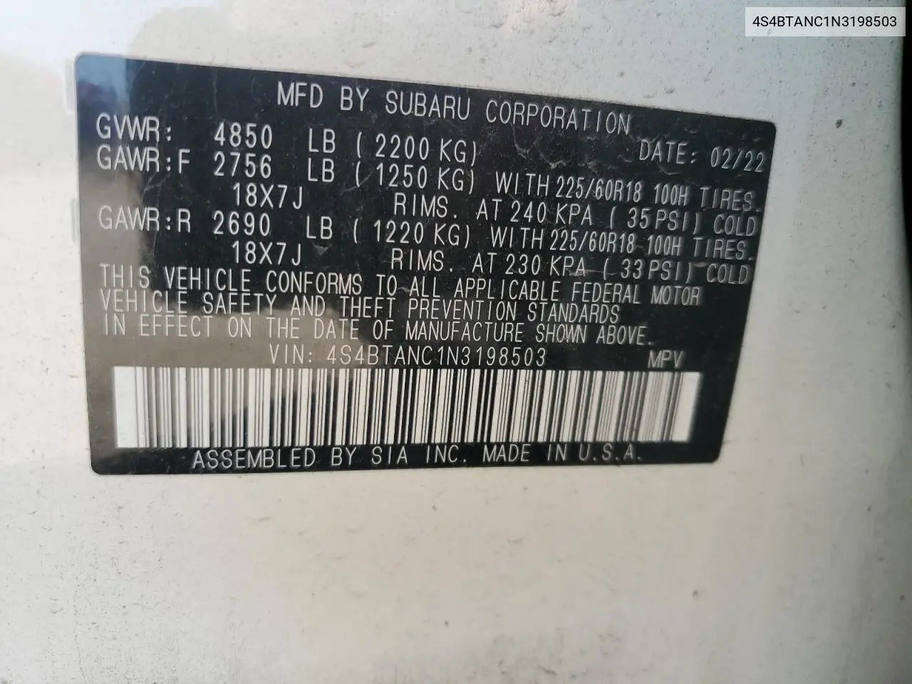 2022 Subaru Outback Limited VIN: 4S4BTANC1N3198503 Lot: 55574935