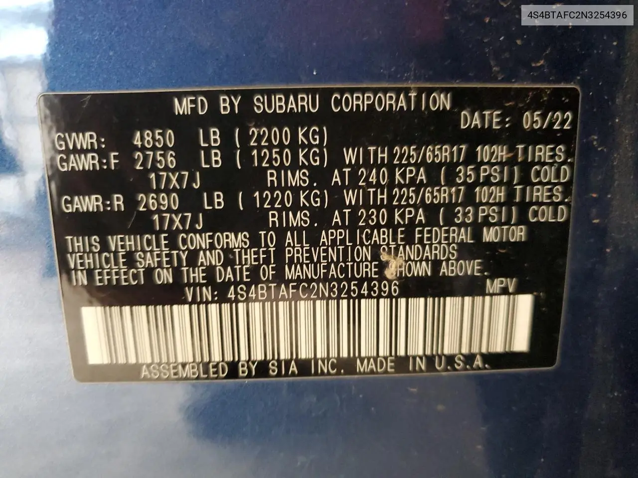 2022 Subaru Outback Premium VIN: 4S4BTAFC2N3254396 Lot: 55671195