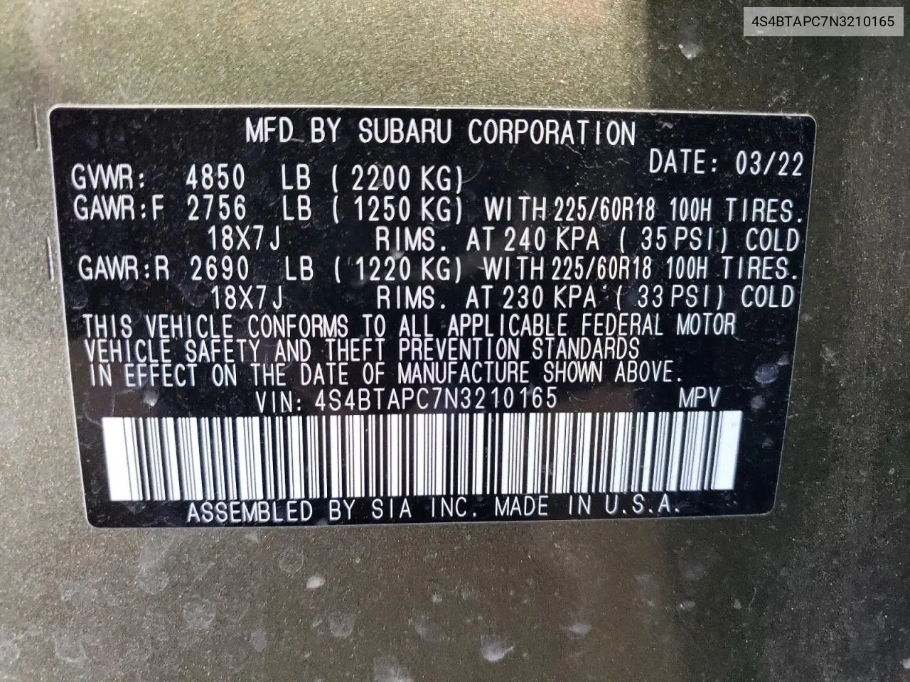 2022 Subaru Outback Touring VIN: 4S4BTAPC7N3210165 Lot: 56468405