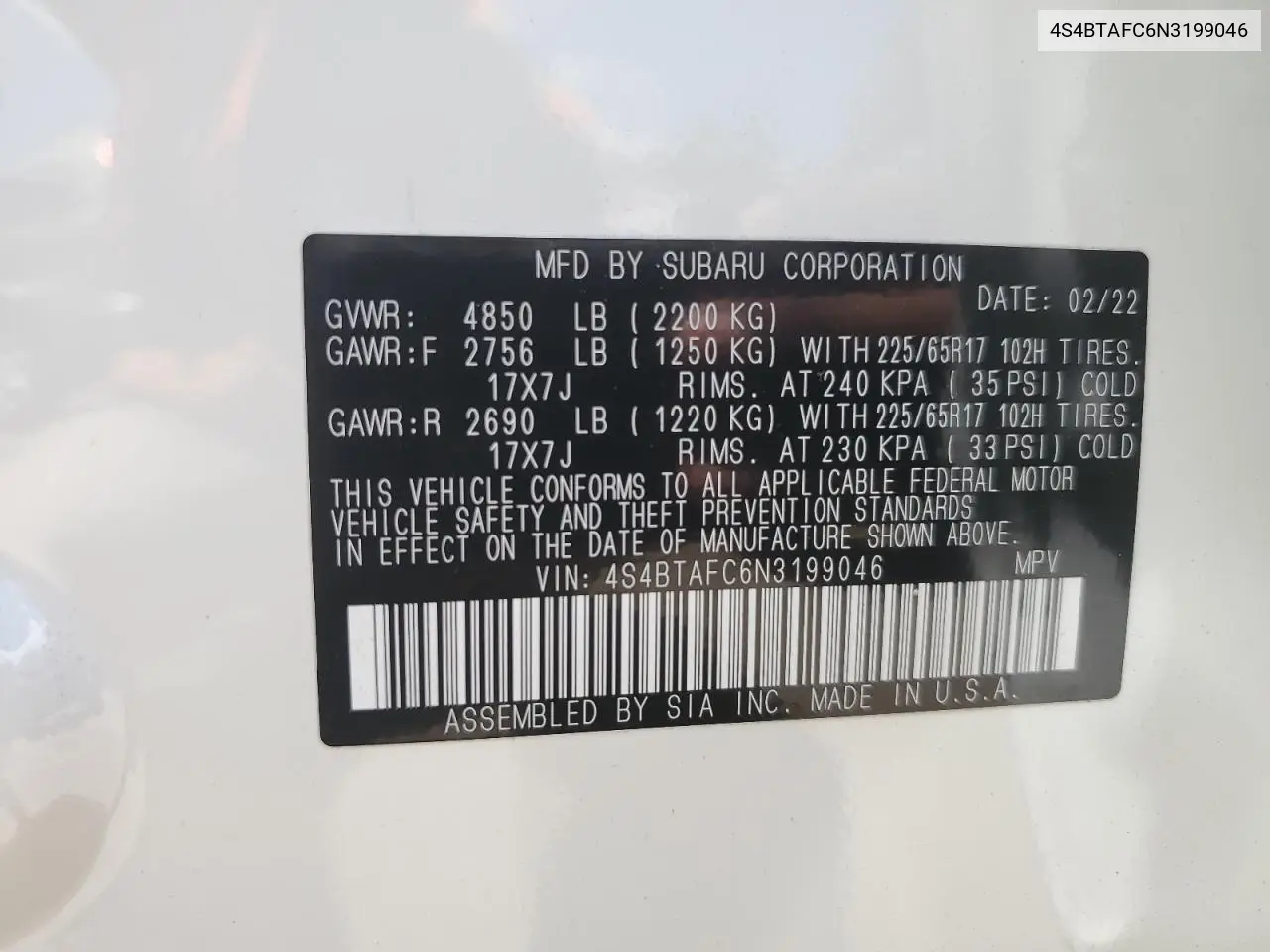 2022 Subaru Outback Premium VIN: 4S4BTAFC6N3199046 Lot: 57160685