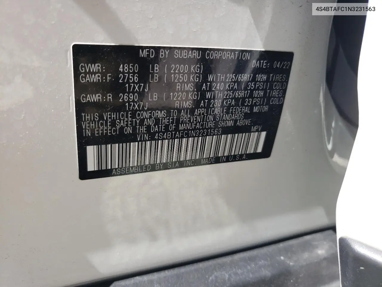 2022 Subaru Outback Premium VIN: 4S4BTAFC1N3231563 Lot: 61229795