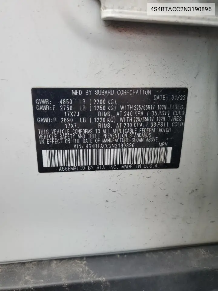 2022 Subaru Outback Premium VIN: 4S4BTACC2N3190896 Lot: 62421885