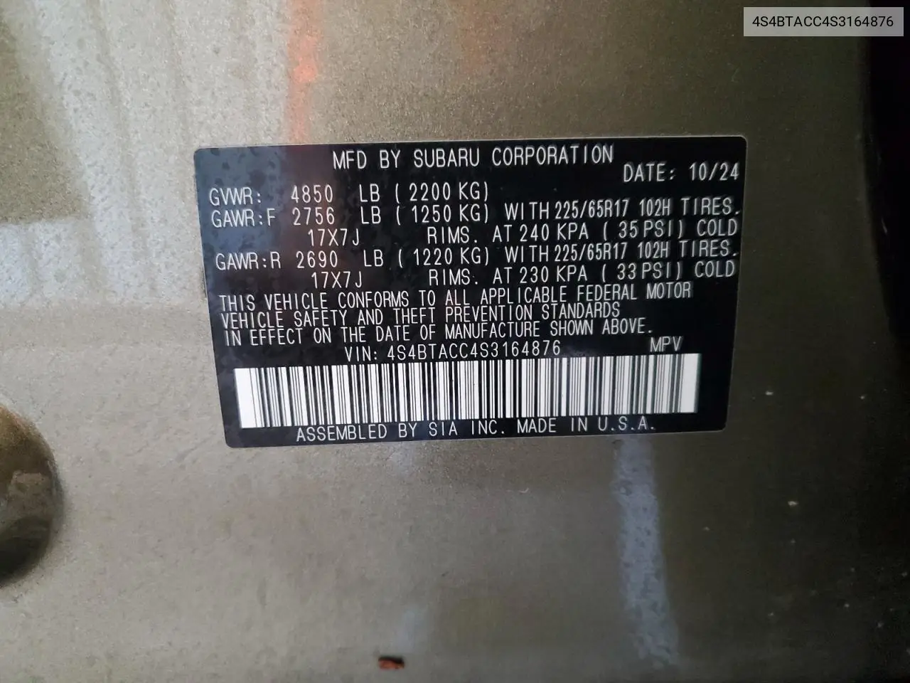 2025 Subaru Outback Premium VIN: 4S4BTACC4S3164876 Lot: 56761535