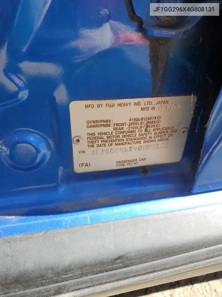 2004 Subaru Impreza Wrx VIN: JF1GG296X4G808131 Lot: 54512285