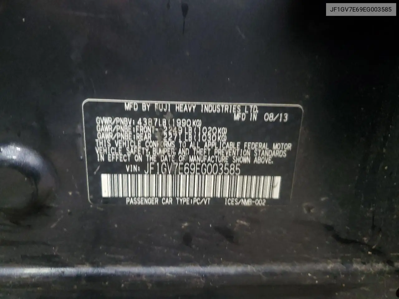 2014 Subaru Impreza Wrx VIN: JF1GV7E69EG003585 Lot: 57890315