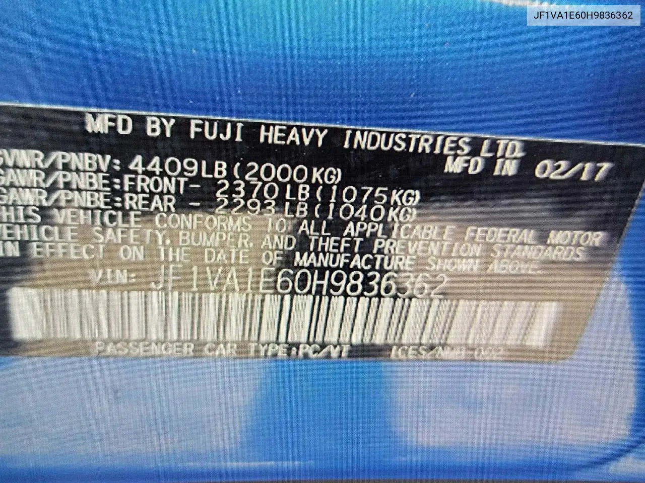2017 Subaru Wrx Premium VIN: JF1VA1E60H9836362 Lot: 57356985