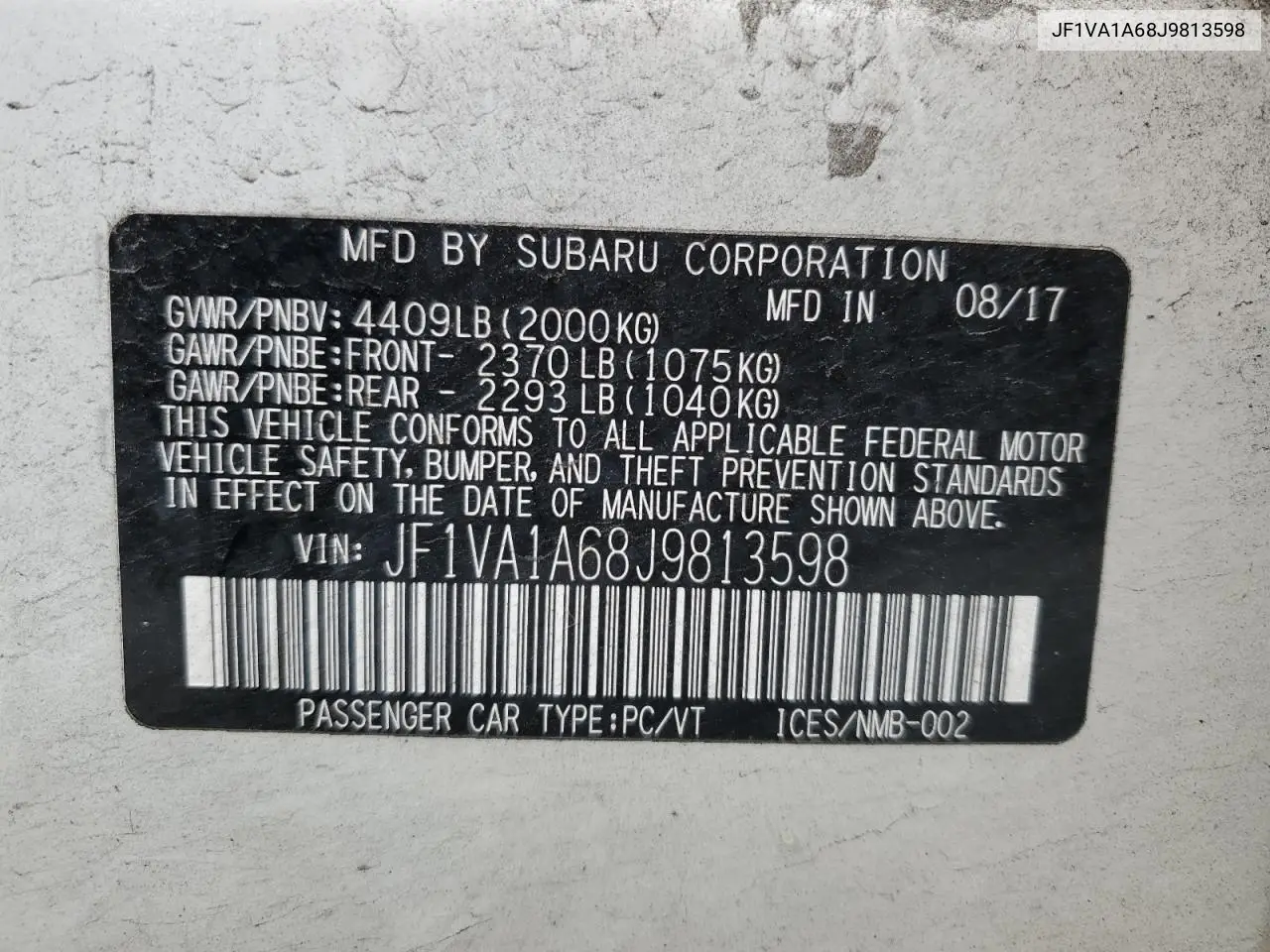 2018 Subaru Wrx VIN: JF1VA1A68J9813598 Lot: 61714535
