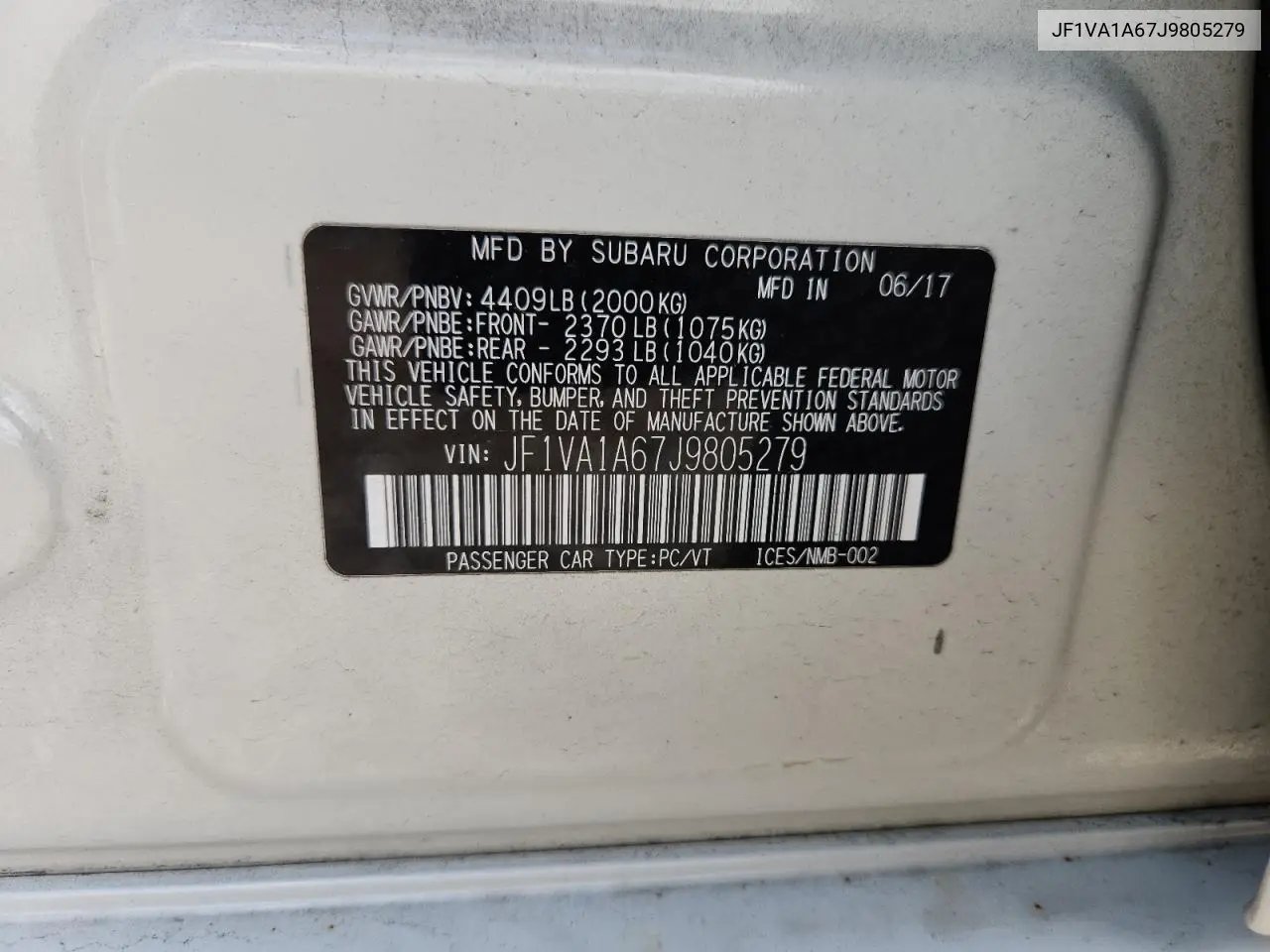 2018 Subaru Wrx VIN: JF1VA1A67J9805279 Lot: 62995255